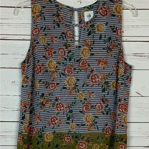 CAbi Blue and White Sleeveless Blouse with Floral Accents